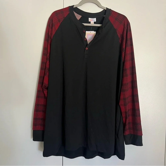 LuLaRoe Mark 3 Button Henley T-Shirt Long Sleeve Red Black size 3X Unisex - Picture 1 of 9
